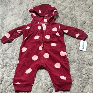 Carter's Burgundy and Pink Polka Dot Hooded Jumpsuit